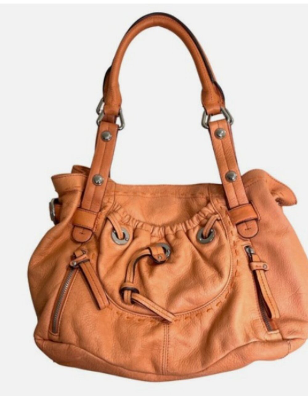 B. Makowsky Pebbled Leather Shoulder Bag Hobo Orange Tan Zip Detail